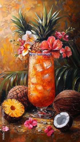 Refreshing tropical cocktail garnished with flowers and fruits in a warm setting