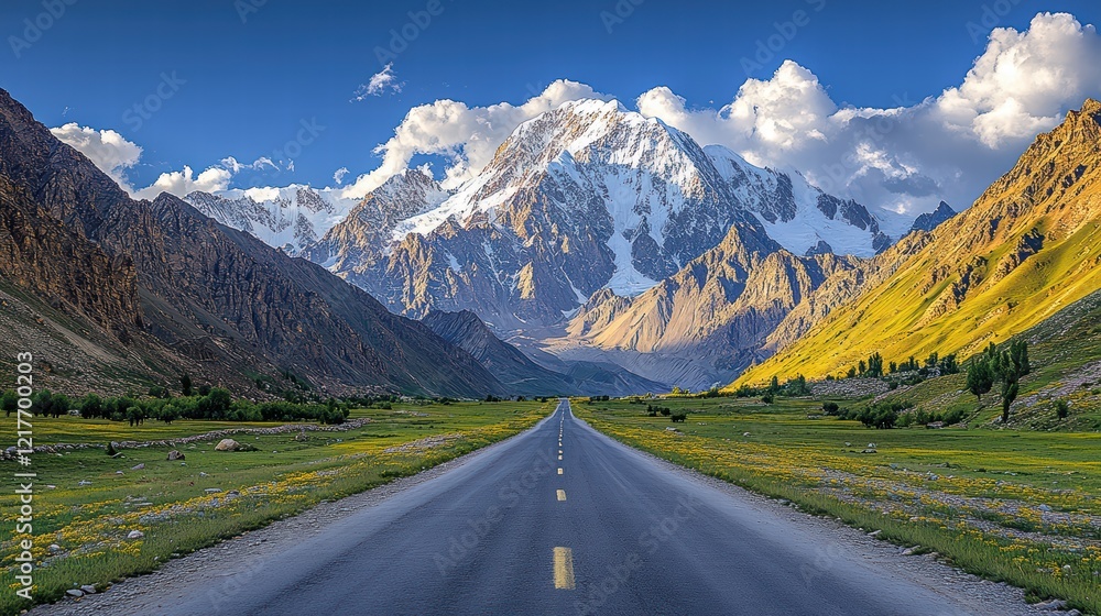Fototapeta premium A winding road leads through a valley in the mountains, with snow capped peaks and lush greenery