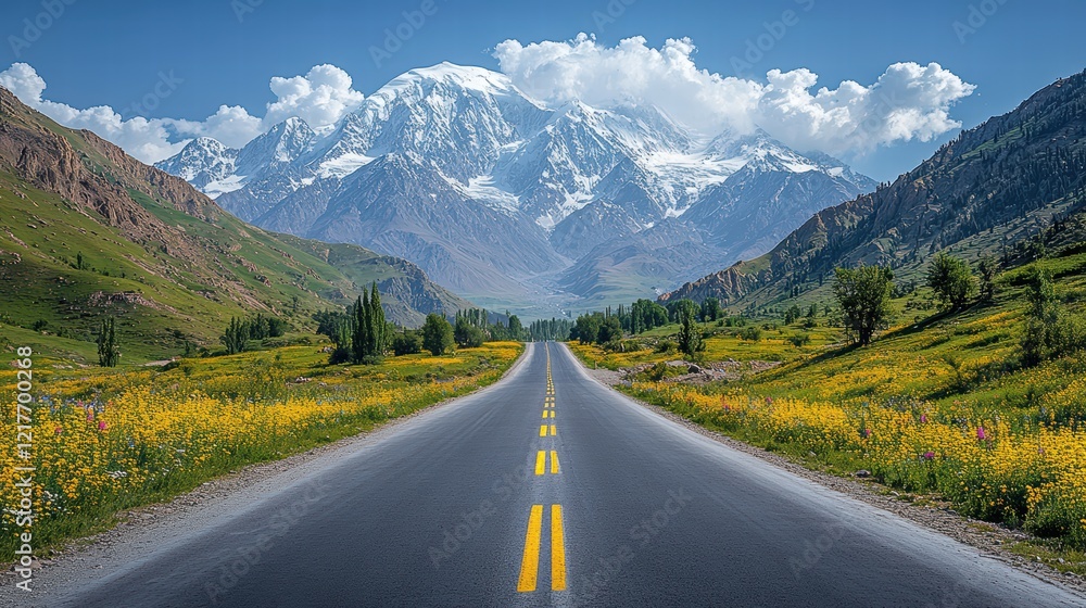 Naklejka premium Panoramic view of a beautiful mountain road in front of snow-capped mountains.