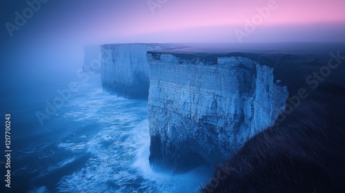 Fog envelops rugged cliff formations by the ocean at dusk under a vibrant purple sky photo