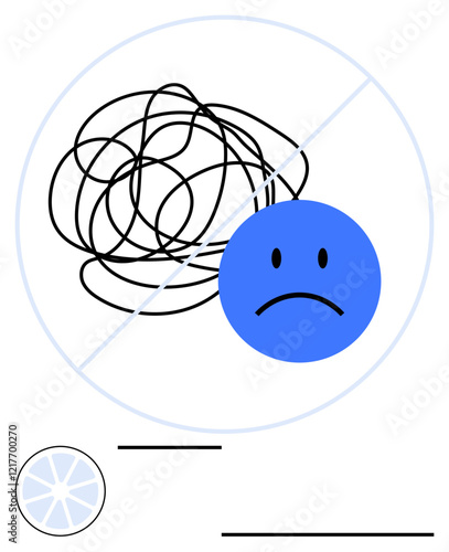 Blue sad face beside untangled black scribble inside crossed-out circle. Ideal for mental health, stress management, emotional well-being, simplicity, mindfulness, self-improvement, abstract line