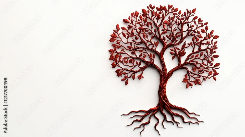 Naklejka premium A stylized tree with red leaves and intricate branches, symbolizing nature and life, set against a clean white background.