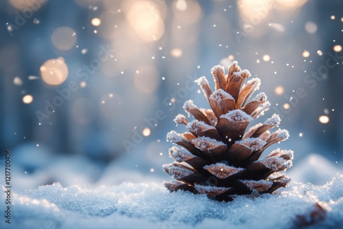 Beautiful pine cone on snow with soft light in winter forest setting at dawn