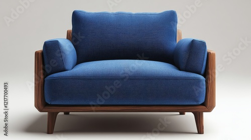 Modern blue upholstered chair with wooden accents in minimalist design