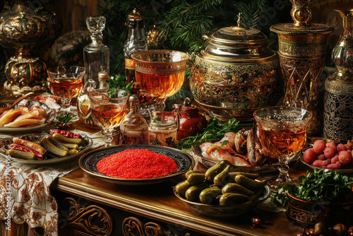 Experience the richness of a traditional Russian zakuski table adorned with smoked sturgeon and red caviar photo