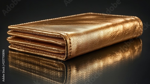 Elegant metallic clutch purse showcasing intricate design on a reflective sur...