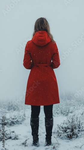 Young woman in a red coat standing in snowy field on a windy day against a bl...