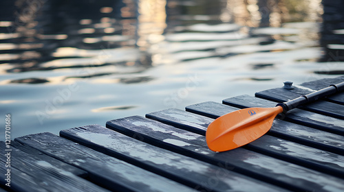 Reflections of a Kayak Paddle on Peaceful Water at Dusk photo