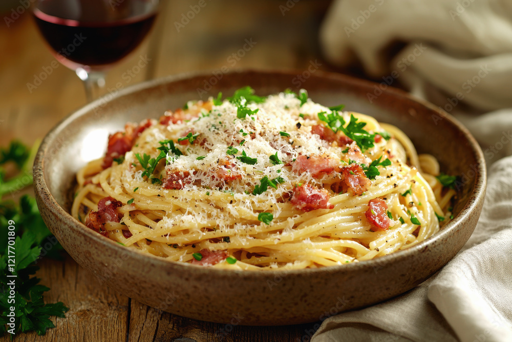 Rustic bowl of spaghetti carbonara with pancetta and wine on a wooden table in warm lighting Rustic bowl of spaghetti carbonara with pancetta and wine on a wooden table in warm lighting