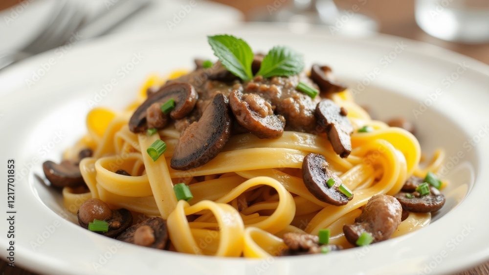 The image shows a plate of pasta dish on a wooden table. The pasta appears to be fettuccine alfredo, which is a type of Italian pasta. The image shows a plate of pasta dish on a wooden table. The pasta appears to be fettuccine alfredo, which is a type of Italian pasta.