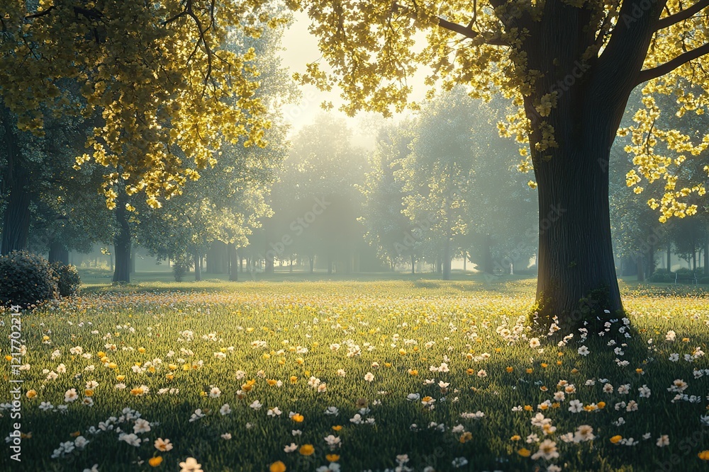 Obraz premium Green grass with trees and sun rays in the park