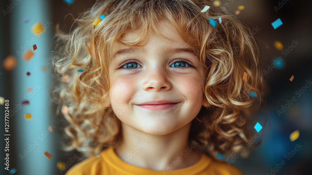 happy child surrounded by flying confetti from party poppers, paper garlands, kids party, celebration, birthday, boy portrait happy child surrounded by flying confetti from party poppers, paper garlands, kids party, celebration, birthday, boy portrait