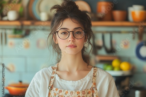 Young woman with glasses preparing food in a cozy kitchen decorated with plan...