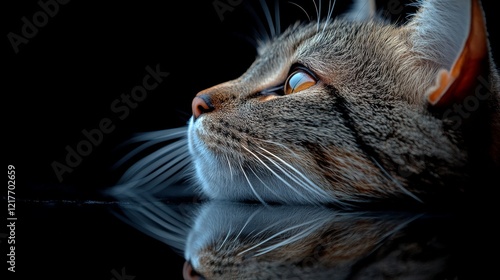 Gray tabby cat gazing thoughtfully with reflection in dark background