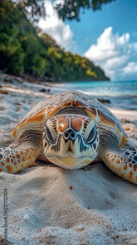 Sea turtle resting on sandy beach near lush green hills at sunset