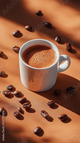Coffee cup surrounded by roasted beans on a warm surface in sunlight