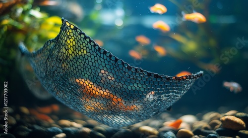 Curious fish trapped in a net resting on pebbles in an aquarium during daylig...