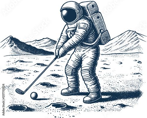astronaut playing golf on the moon hand drawn style engraving vector