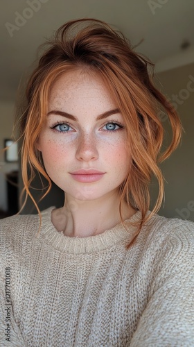 Stunning portrait of a woman with flowing red hair and radiant skin captured ...