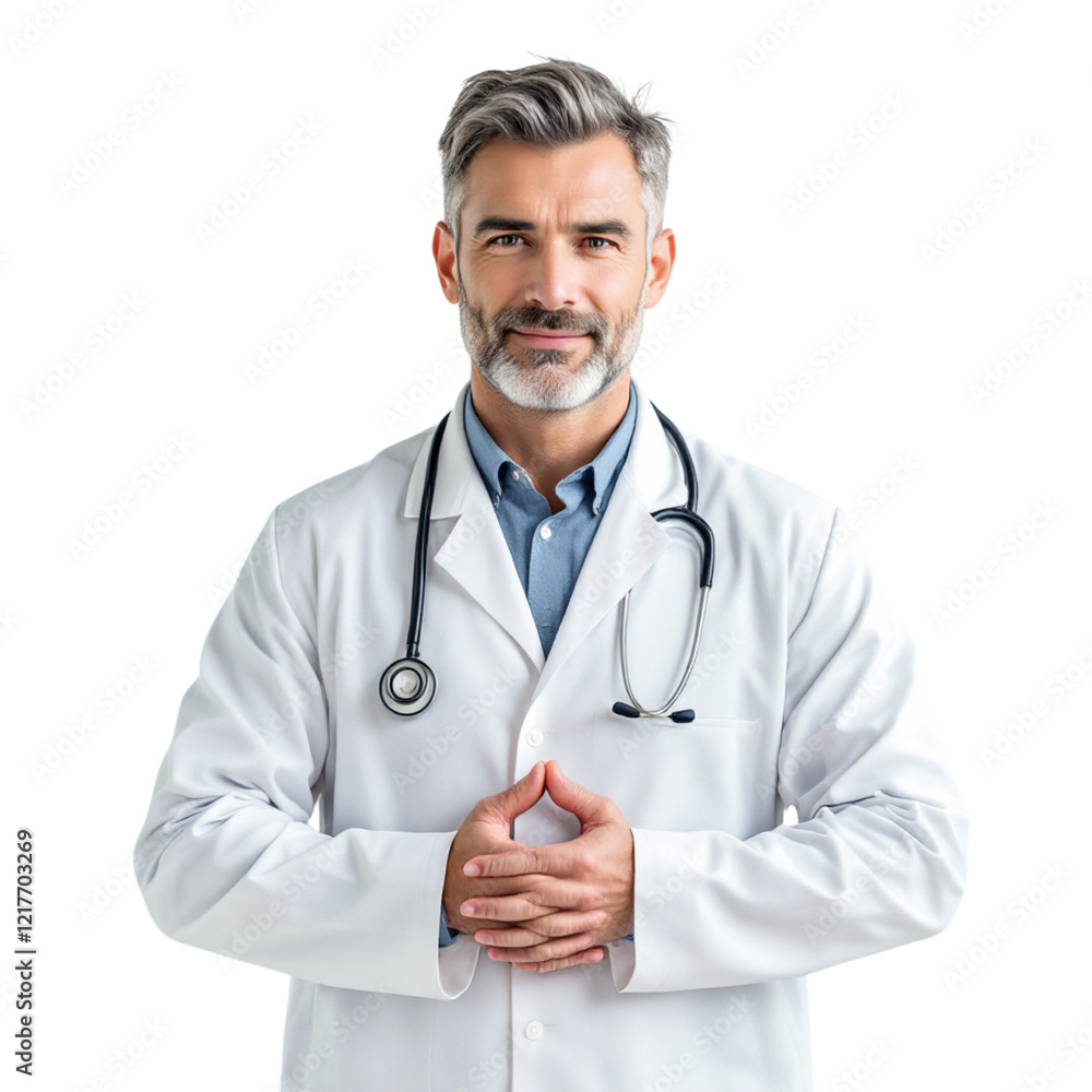Confident male doctor in white lab coat and stethoscope standing with folded arms smiling on Isolated transparent background png. generated with AI Confident male doctor in white lab coat and stethoscope standing with folded arms smiling on Isolated transparent background png. generated with AI