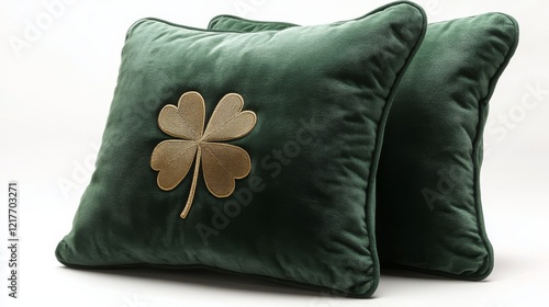 Elegant green velvet pillow with a shamrock design displayed on a cozy bed in...
