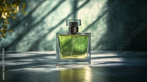 Elegant perfume bottle illuminated against a colorful background creating a l...