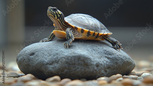 Turtle basking on a smooth rock surrounded by lush greenery in a serene pond ...