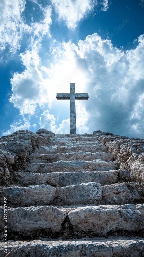 Stairway leading to a cross against a dramatic sky at a serene location Stairway leading to a cross against a dramatic sky at a serene location