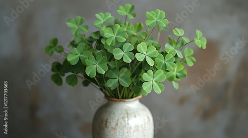 Fresh clover arrangement in a simple ceramic vase on a neutral background