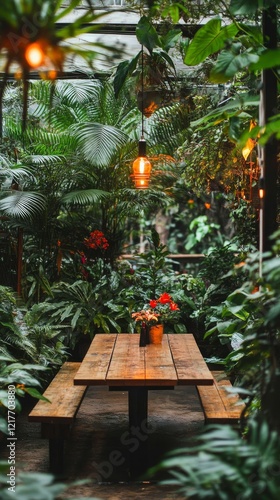 Outdoor dining area surrounded by lush greenery and warm lighting in a tranqu...