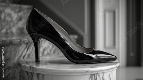 Elegant black high heel shoe on a minimalist pedestal against a gray backdrop
