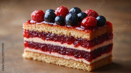Delicious layered cake topped with berries displayed on a dark plate