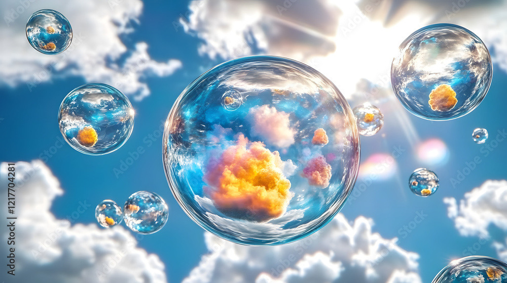 Giant glass spheres containing different weather systems floating in sky Giant glass spheres containing different weather systems floating in sky