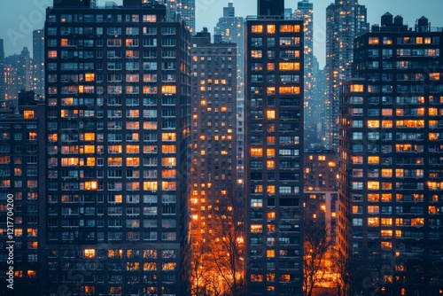 Modern high-rise building against colorful sunset sky in urban landscape