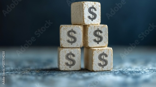 Stacked money blocks showcasing dollar signs on a pastel background with soft...