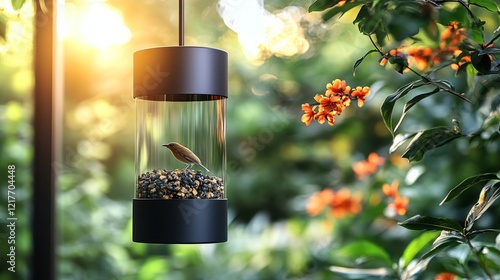 Modern hanging planter with illuminated greenery in serene garden setting