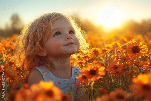 Vibrant orange tulip field under a glowing sunrise with fluffy clouds in the sky