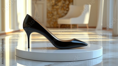 Elegant black high-heeled shoe on marble staircase with dramatic lighting at ...