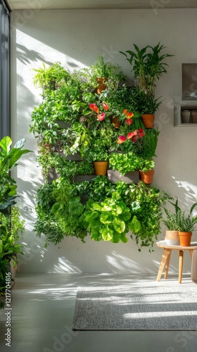 Lush green wall of diverse tropical plants showcasing natural beauty and vibr...