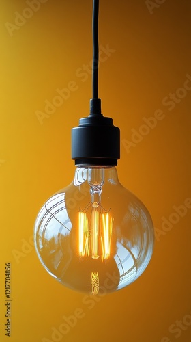 Creative light bulb design illuminating a yellow wall in a cozy indoor settin...