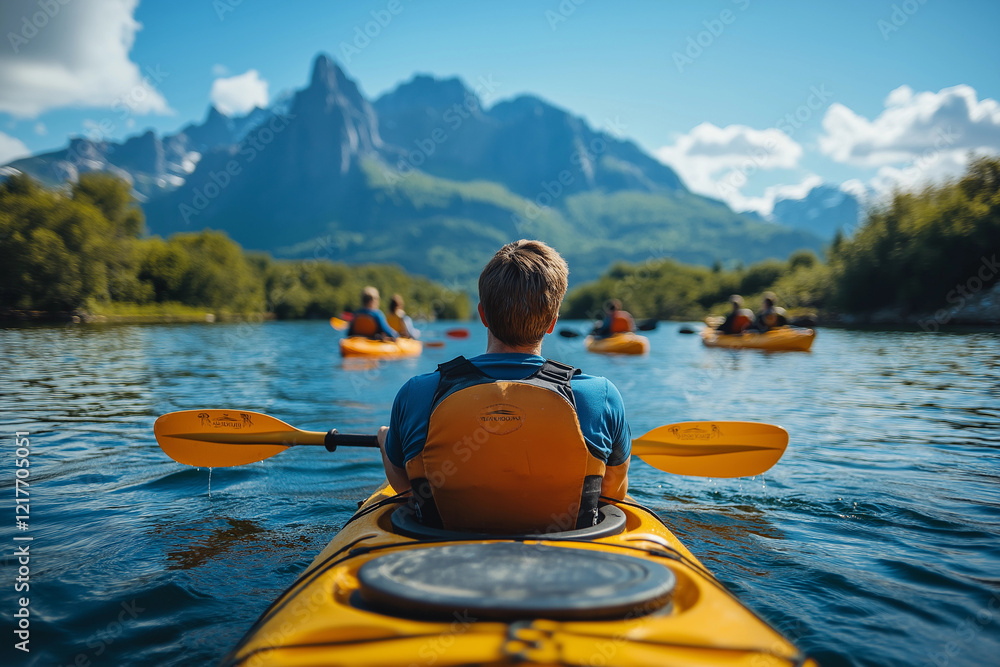 Kayaking adventure amidst majestic mountains. Kayaking adventure amidst majestic mountains.