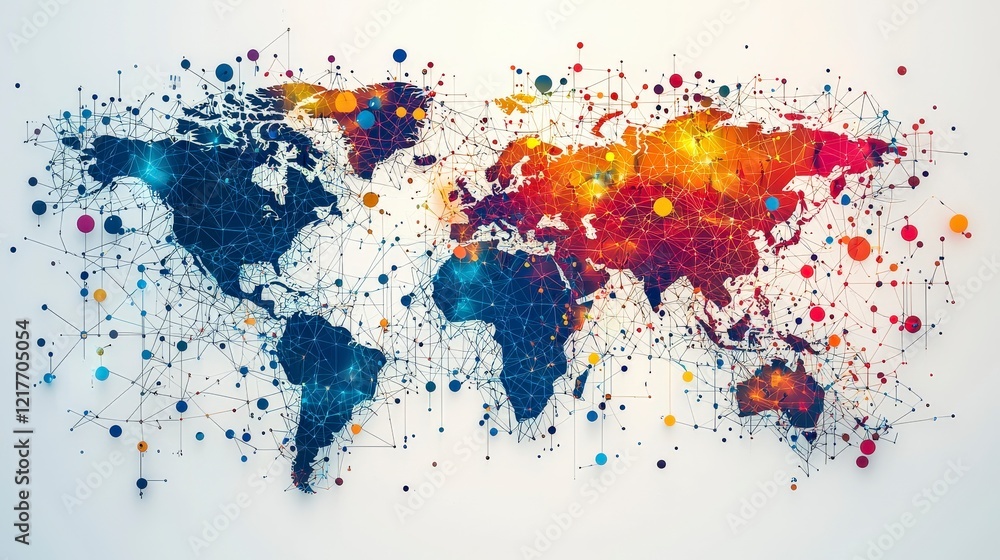 A vivid representation of a world map interwoven with colorful network connections, illustrating diverse interactions and cultural exchanges across various regions. A vivid representation of a world map interwoven with colorful network connections, illustrating diverse interactions and cultural exchanges across various regions.
