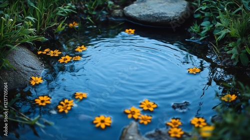 Vibrant natural landscape with calm waters and lush greenery under a bright b...