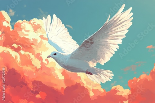 White dove soaring among colorful clouds at sunset in a serene sky