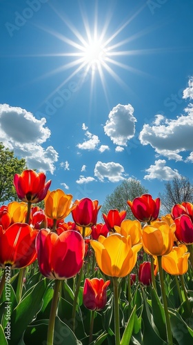 Vibrant tulip field under a bright sun with fluffy clouds in a clear blue sky...