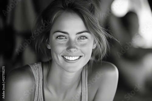 Smiling young woman with natural beauty enjoying a sunny day outdoors in a se...