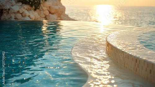 Relaxing ambiance created by floating flowers in a tranquil pool during sunset