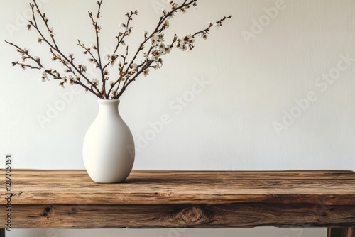Elegant white vase with cherry blossom branches on wooden table in soft sunlight