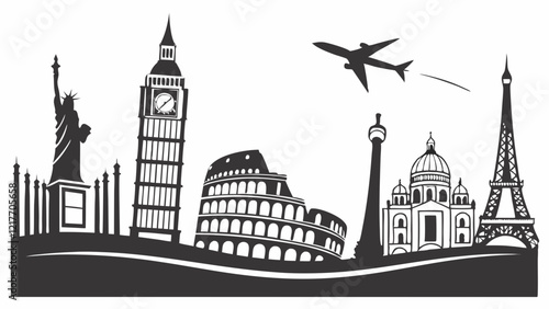 big ben and houses,  Silhouetted landmarks and an airplane create a travel-themed design showcasing famous international sites