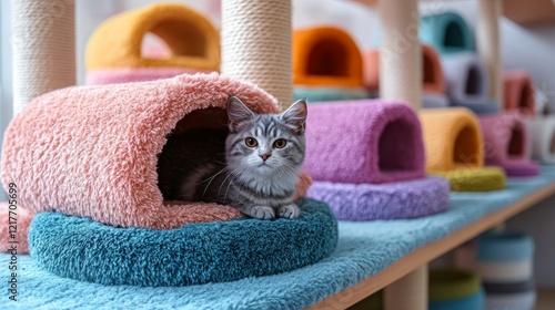 Cute plush cats displayed on a shelf in a cozy room during the afternoon